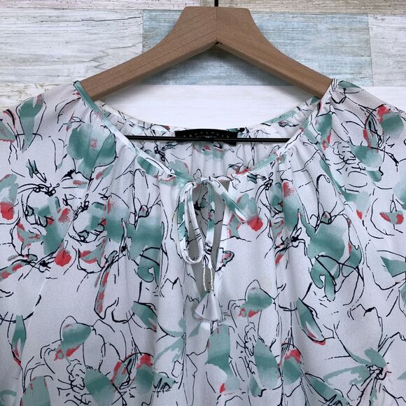 Sanctuary Floral Peasant Tie Neck Blouse White Green Tassel Casual Womens Medium - Picture 2 of 6